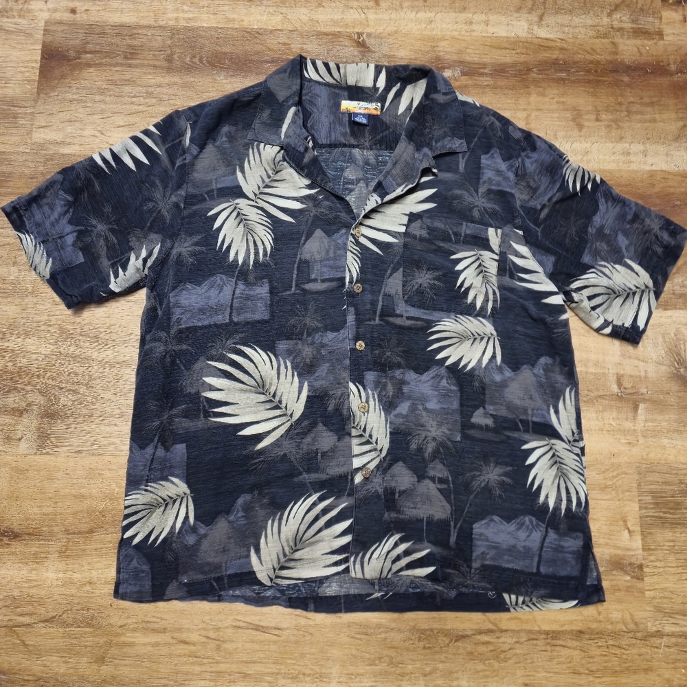 Havana Jack Cafe Black and Tan Tropical Button Down Shirt XXL 100% Silk